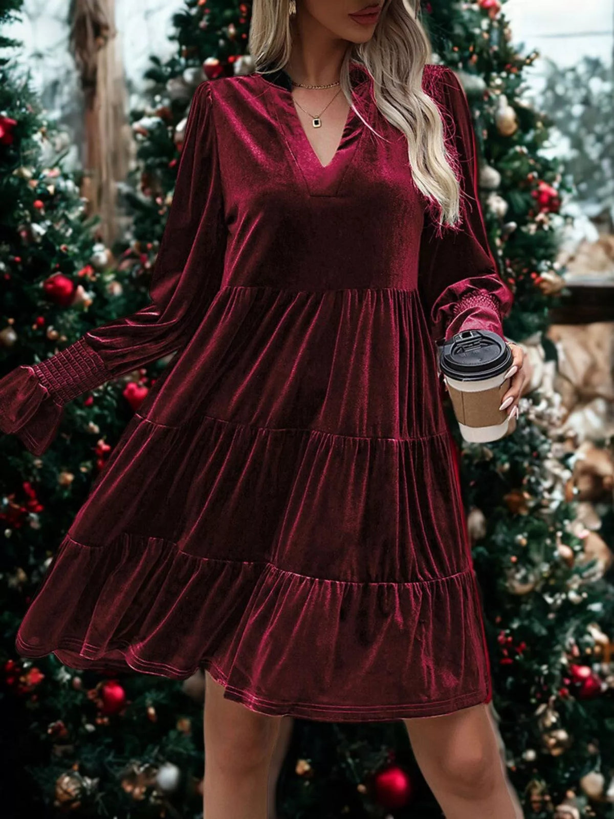 Velvet Notched Neck Long Sleeve Smocked Cuff Tiered Mini Dress 6