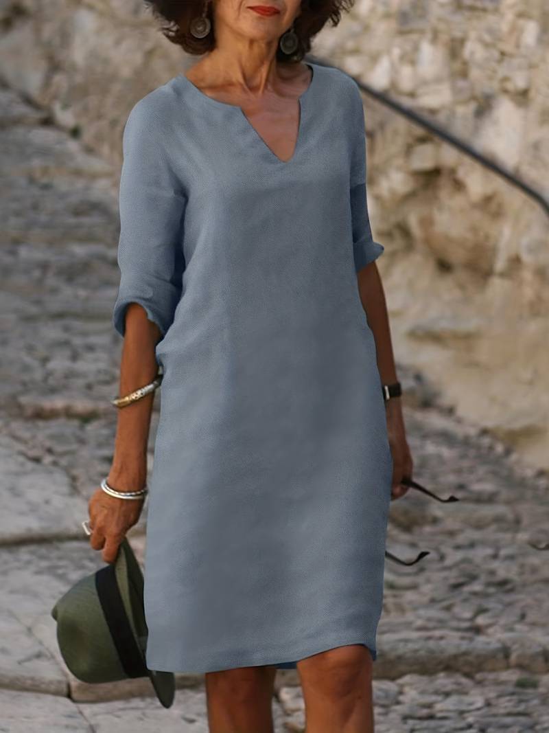 Notched V-Neck Short Sleeve Linen Look Shift Mini Dress