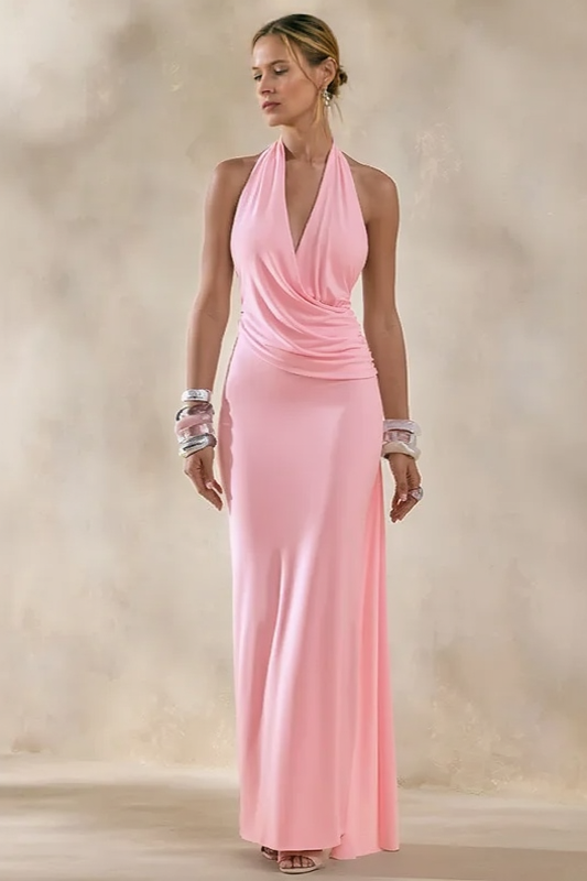 Halter Cowl Neck Ruched High Split Maxi Dress