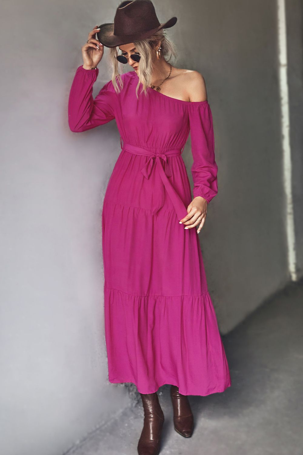 One Shoulder Long Sleeve Belted Tiered Maxi Dress