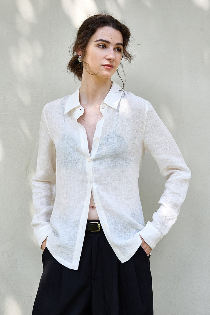 Semi Sheer Linen Look Collared Long Sleeve Slim Button Front Shirt 2