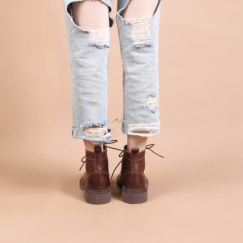 Retro Boots Brush-Off Leather Round Toe Low Heel Bottine Flat Ankle Boots Black/Coffee