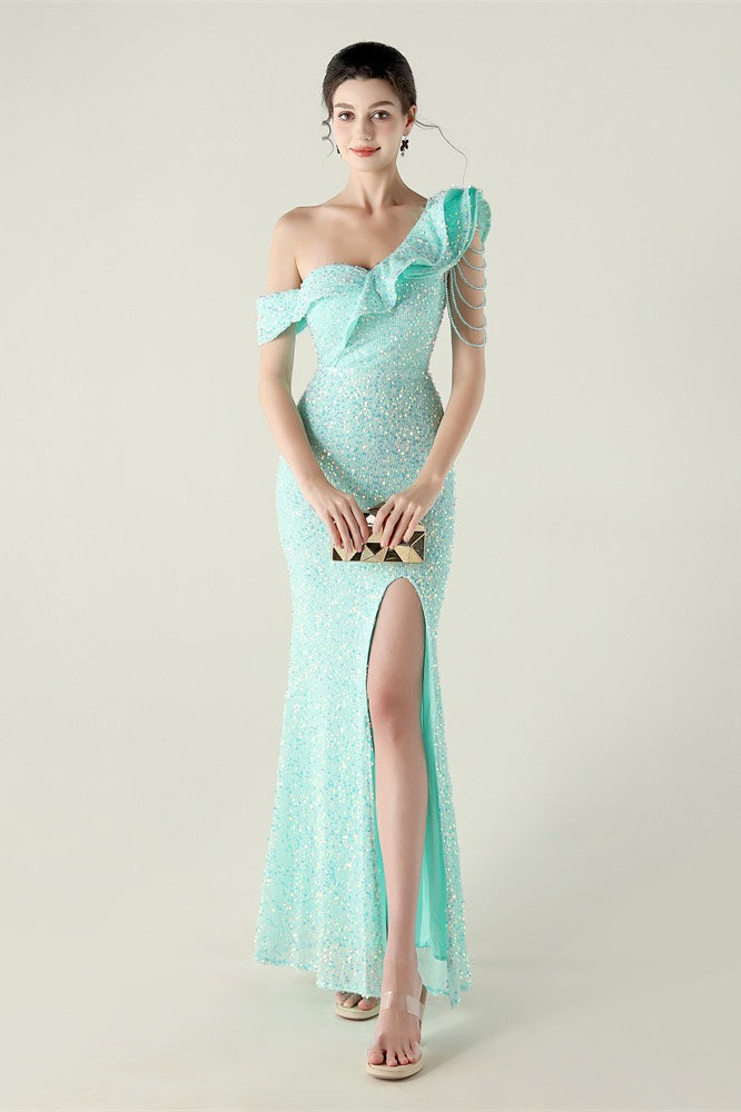 Sequin One Shoulder Ruffle High Split Mermaid Gown