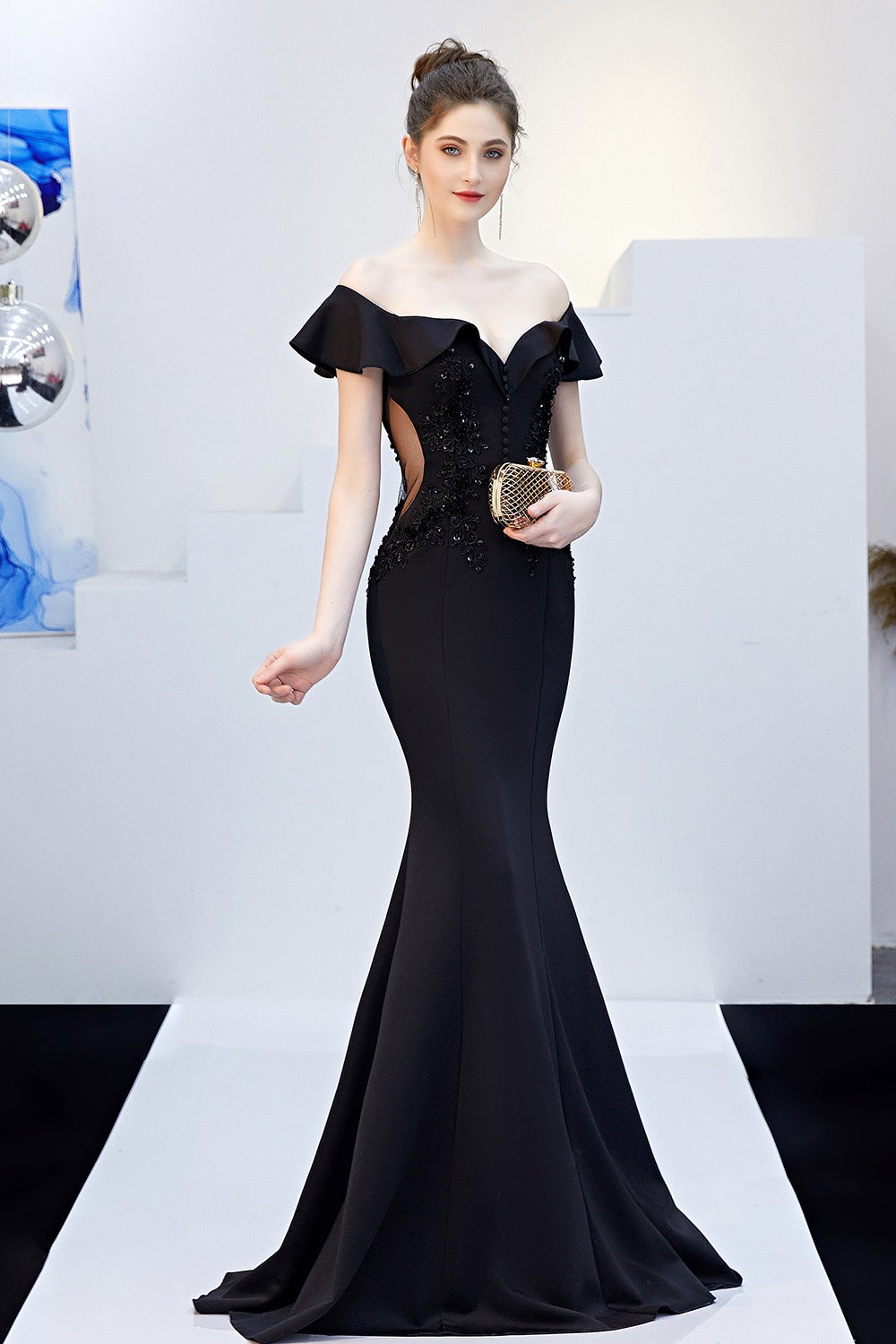 Off Shoulder Ruffle Beaded Mermaid Formal Gown