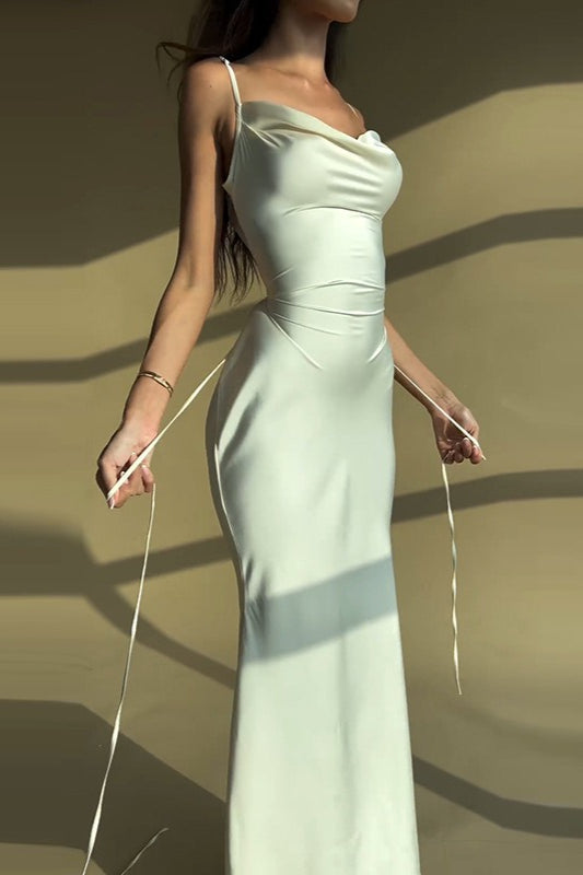 Satin Cowl Neck Spaghetti Strap Slim Maxi Prom Dress