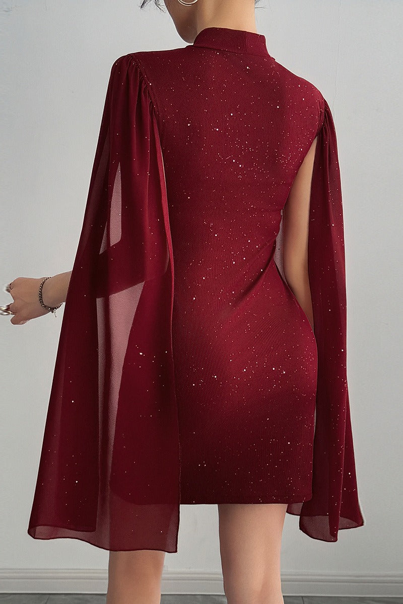 Rhinestone Mock Neck Cape Sleeve Bodycon Mini Cocktail Dress