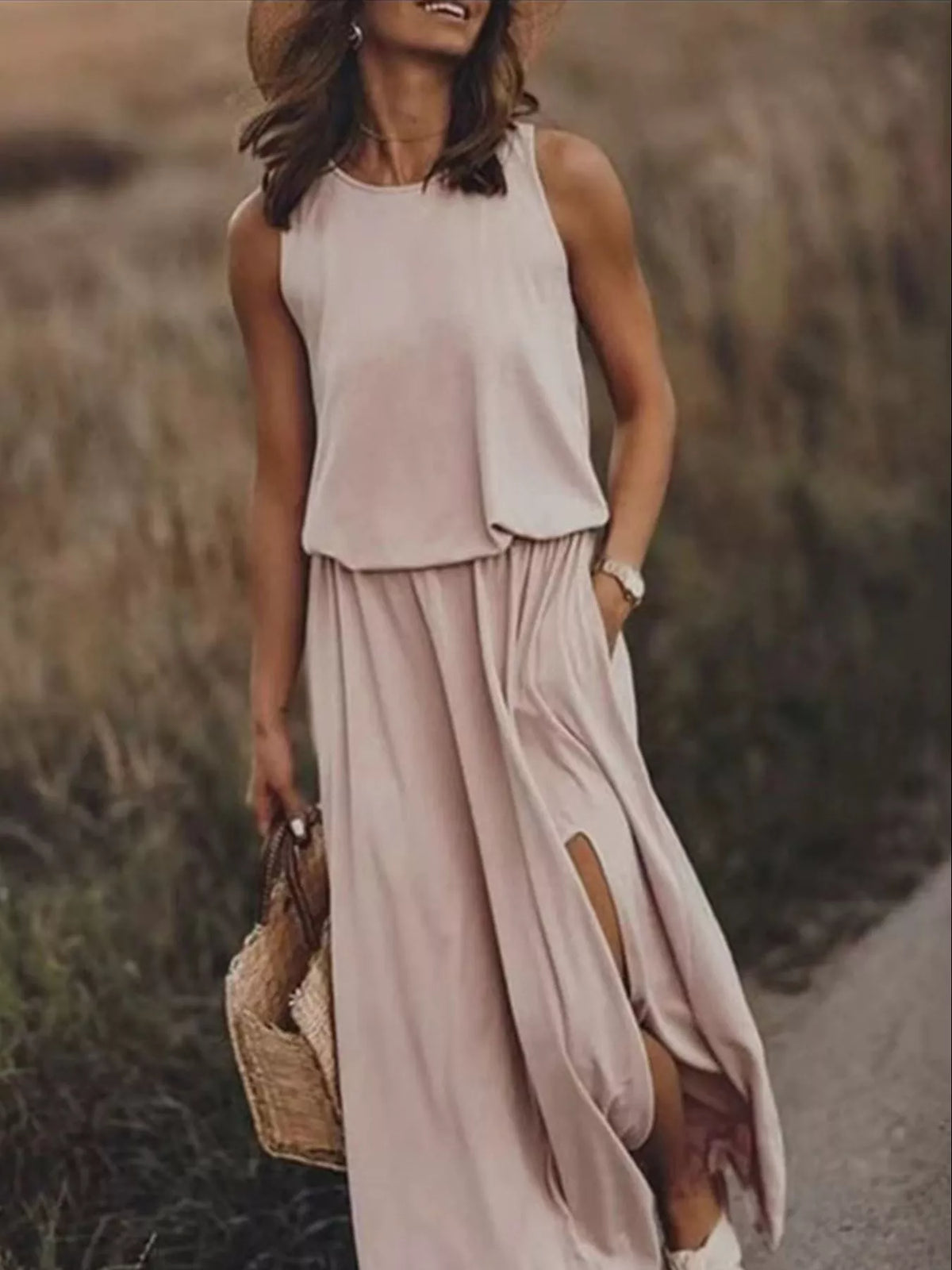 Round Neck Sleeveless Slit Maxi Dress