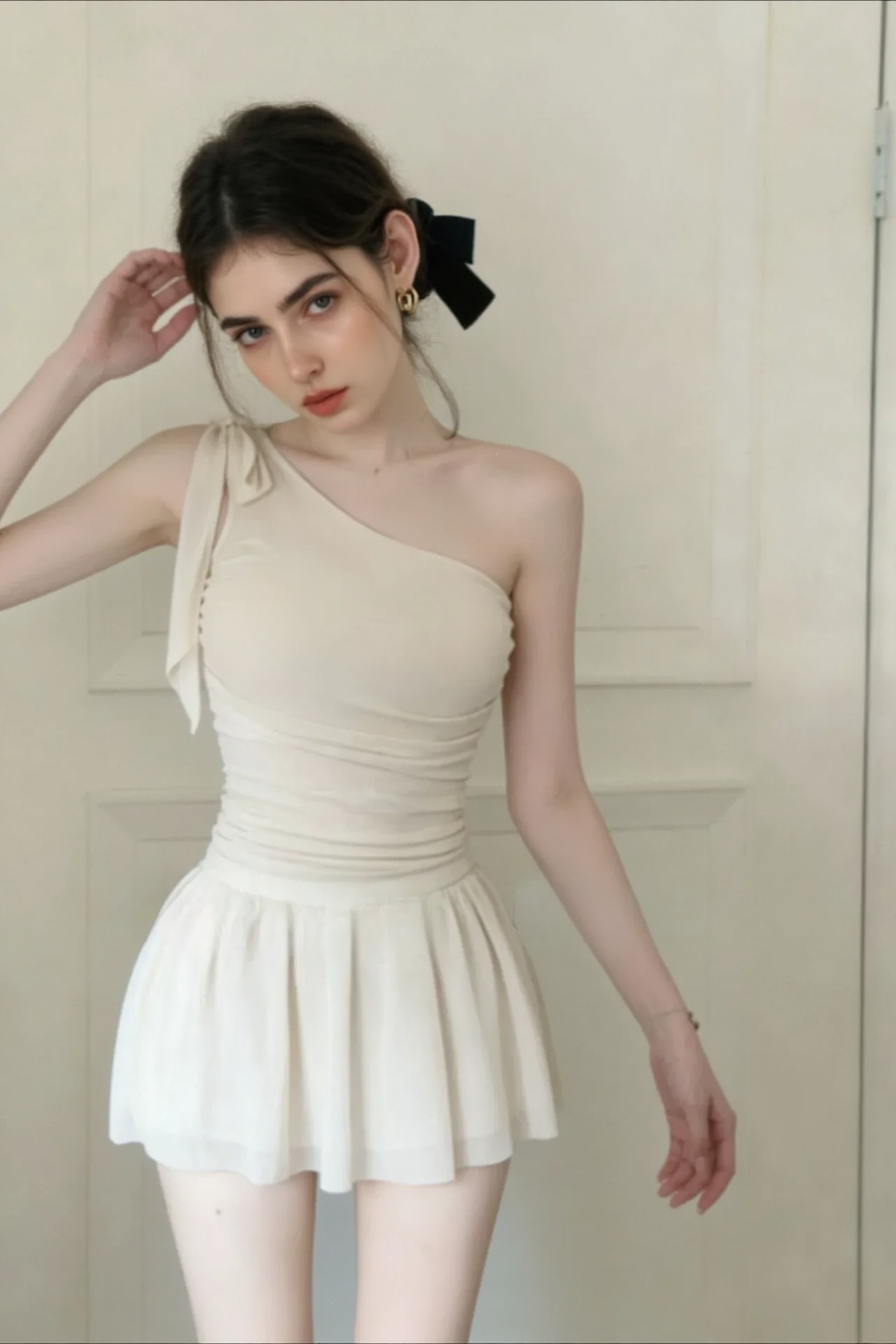 Romantic Solid Waist Cinch One Shoulder Bow One Piece Swimwear