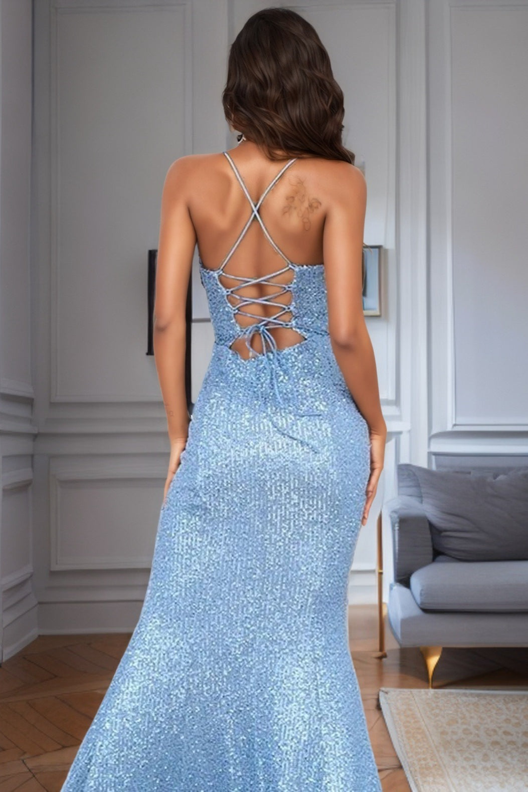 Spaghetti Strap V-Neck High Split Mermaid Maxi Dress