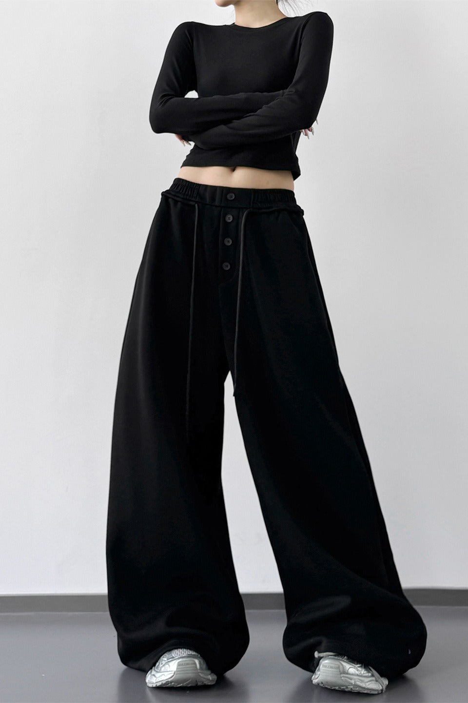 Button Fly Drawstring Elastic Waist Oversized Wide Leg Sweatpants 4