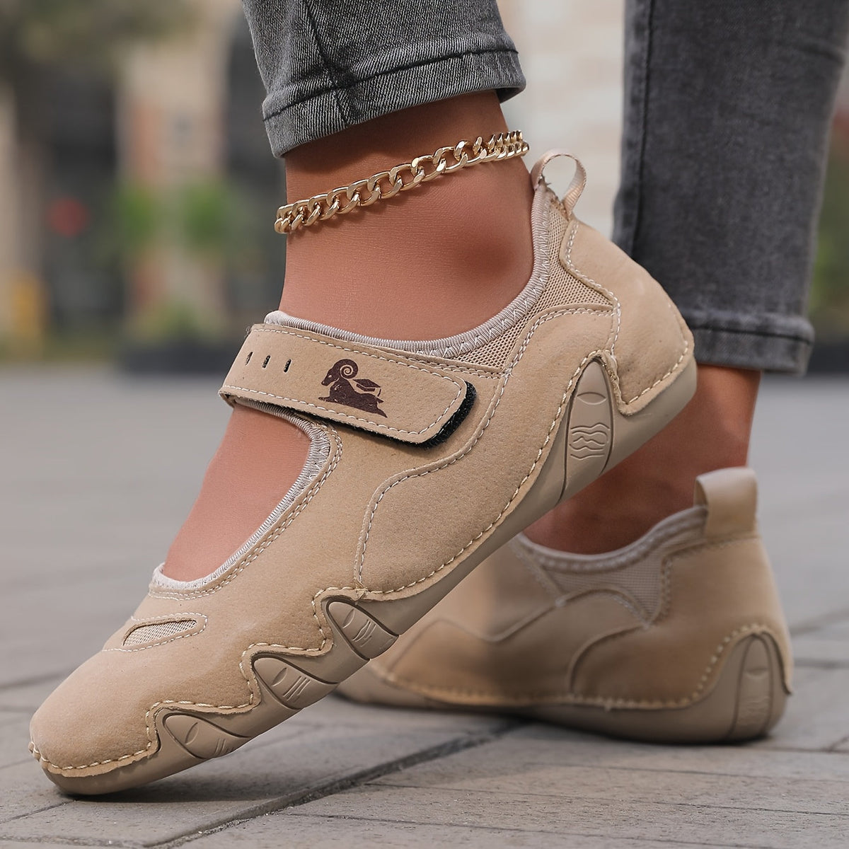 Round Toe Hook and Loop Strap Flats