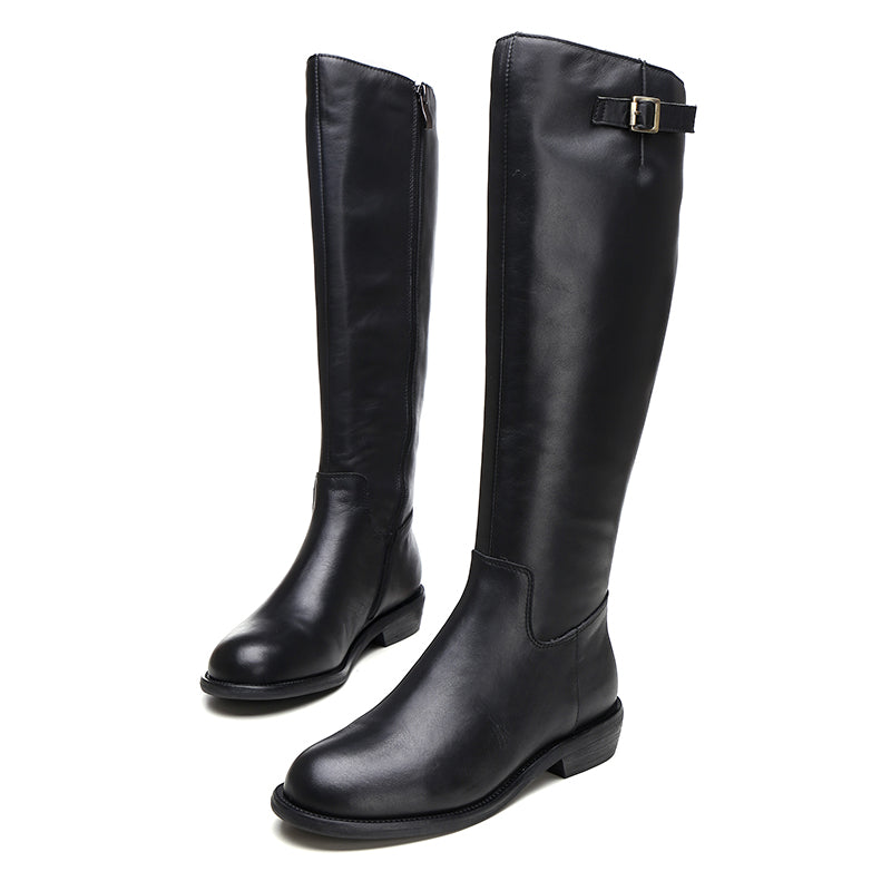 Handmade Soft��Leather Knee High Boots Side Zip Riding Boots Short Plush Lining in Black/Brown