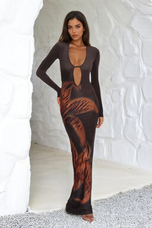 Deep V Cutout Printed Maxi Dress
