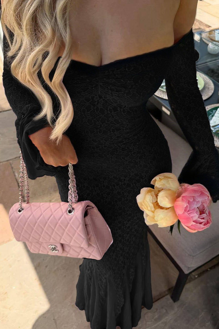 Lace Off Shoulder Sweetheart Bell Sleeve Mermaid Gown