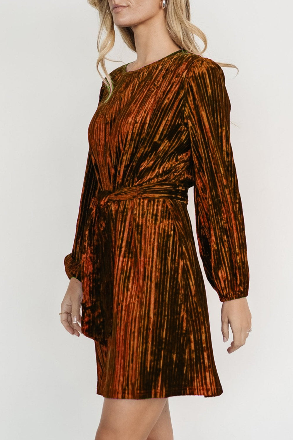Crushed Velvet Round Neck Long Sleeve Tie Waist Mini Dress 9