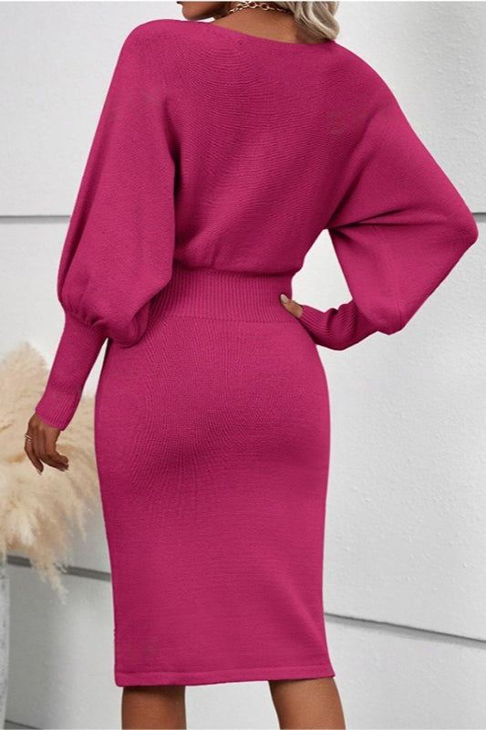Crew Neck Lantern Sleeve Sweater Dress