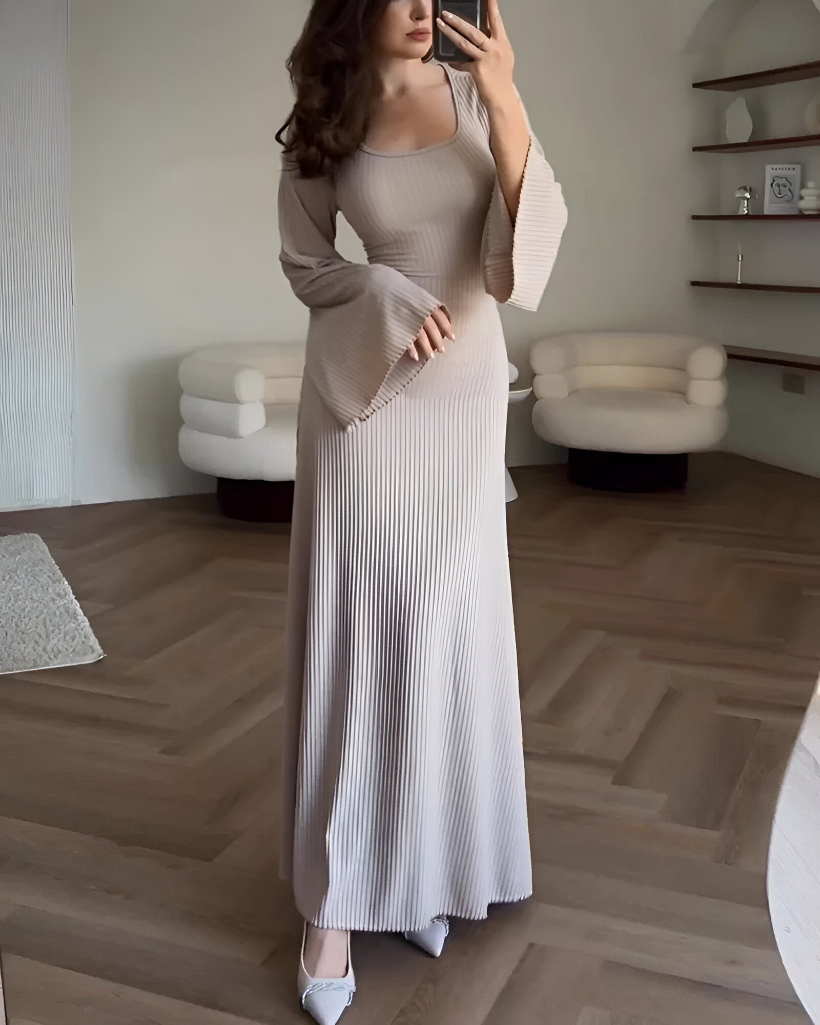 Scoop Neck Bell Sleeve Ribbed Knit Bodycon Maxi Dress