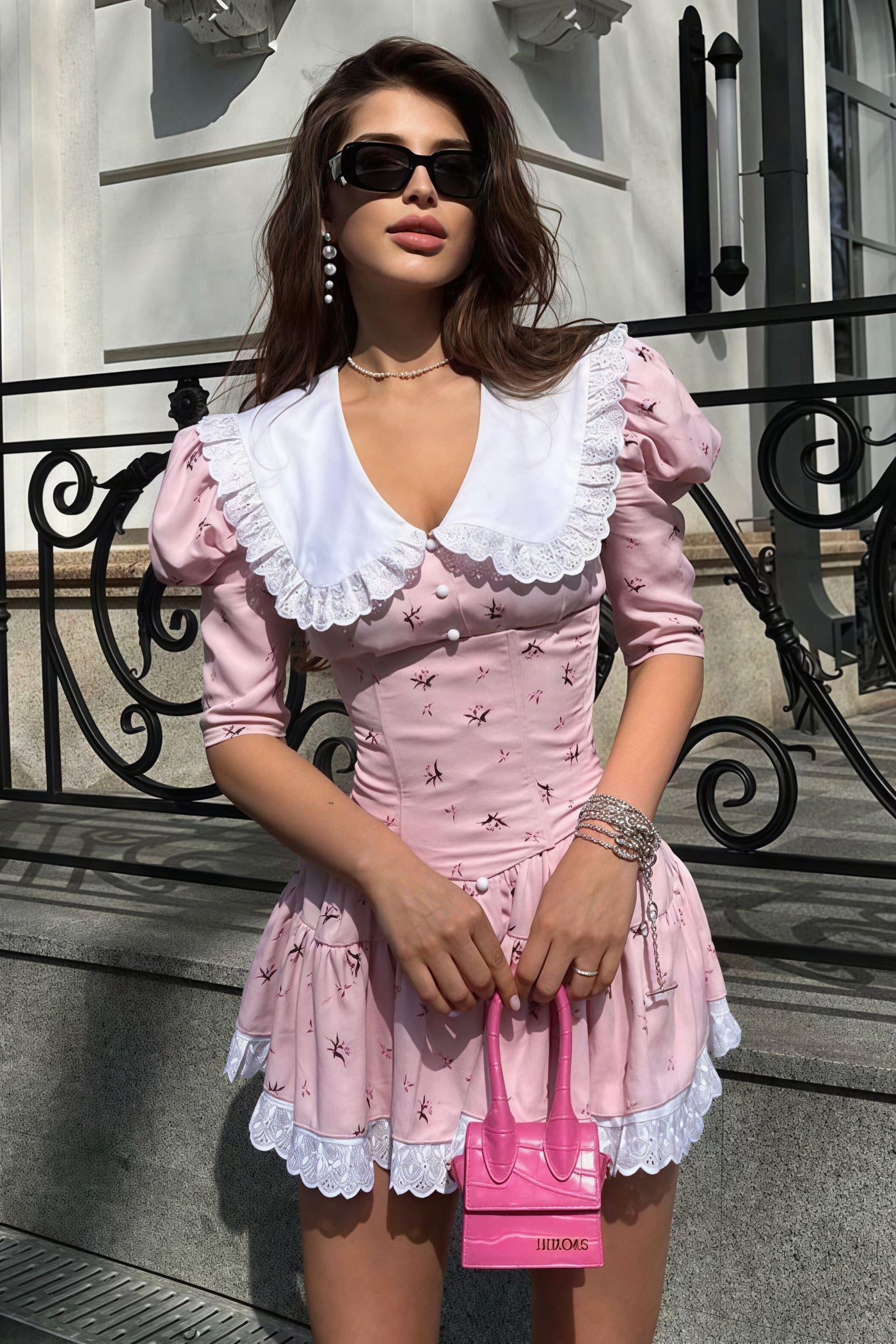 Floral Peter Pan Collar Short Sleeve Tiered Lace Trim Mini Dress 3