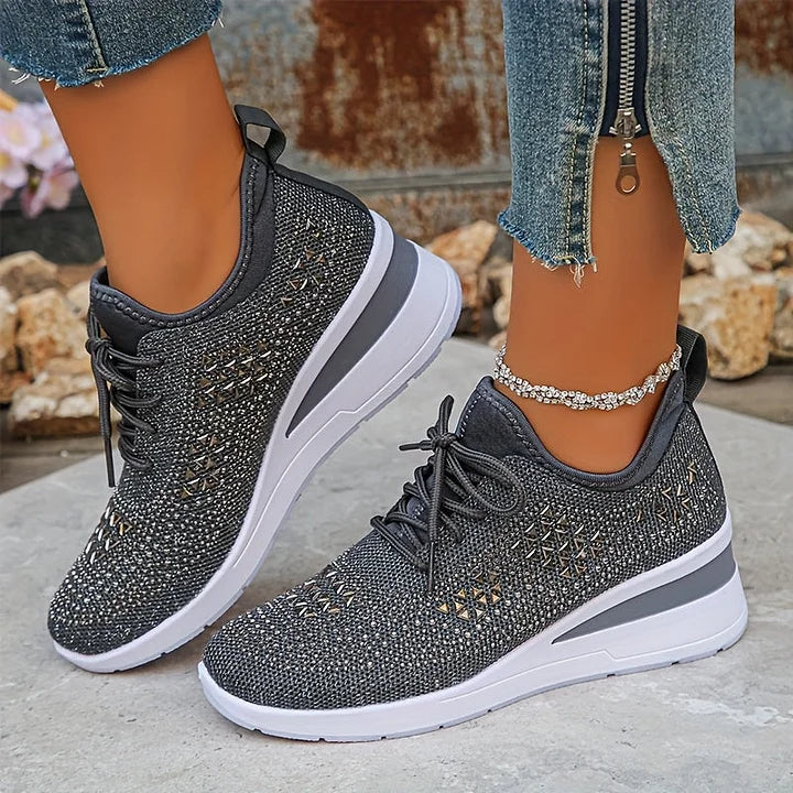 Rhinestone Mesh Lace Up Wedge Sneakers