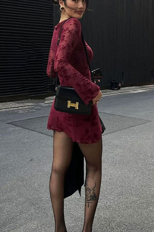 Floral Mesh Boat Neck Long Sleeve Bodycon Mini Dress