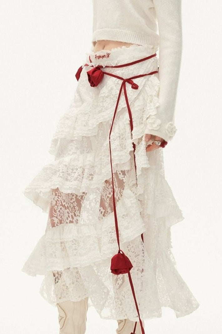 Sheer Floral Lace Tiered Ruffle Asymmetric Midi Skirt 5