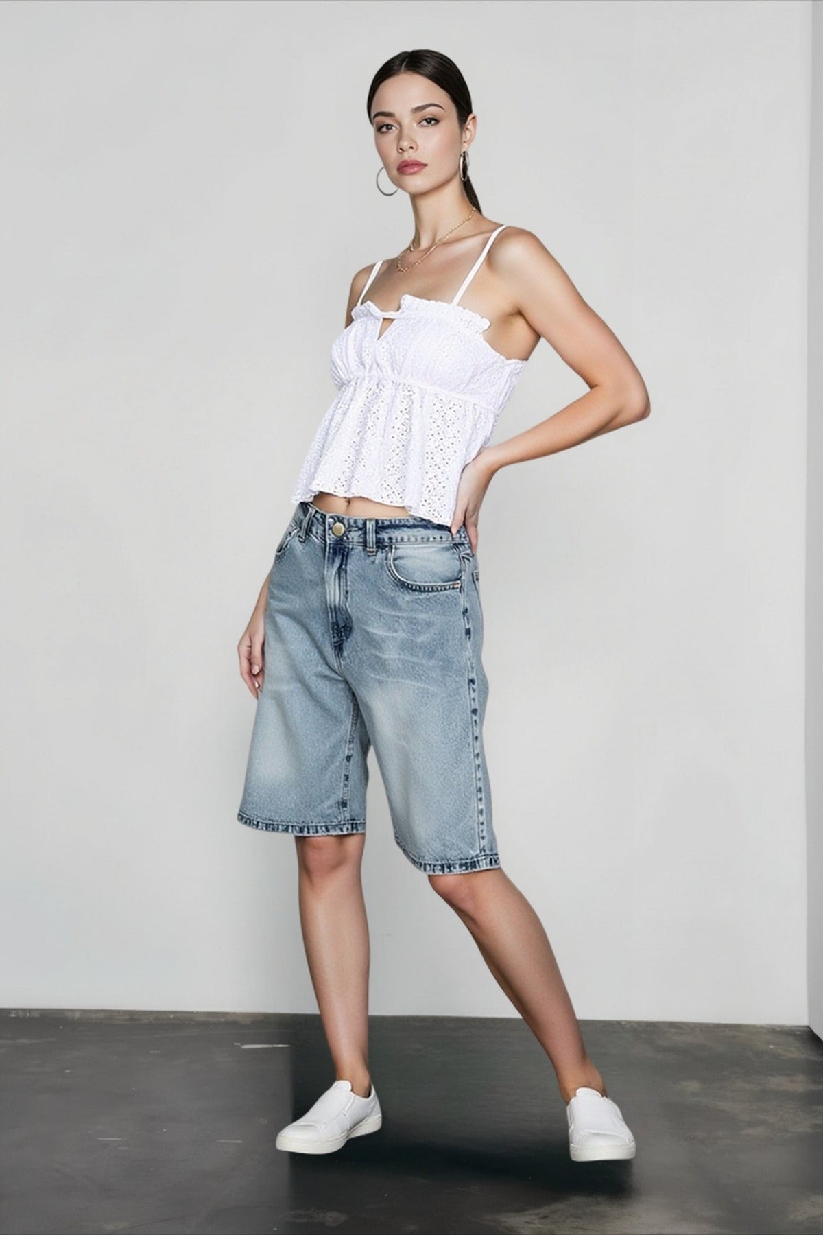 Eyelet Embroidered Ruffle Trim Babydoll Cropped Cami Top 3