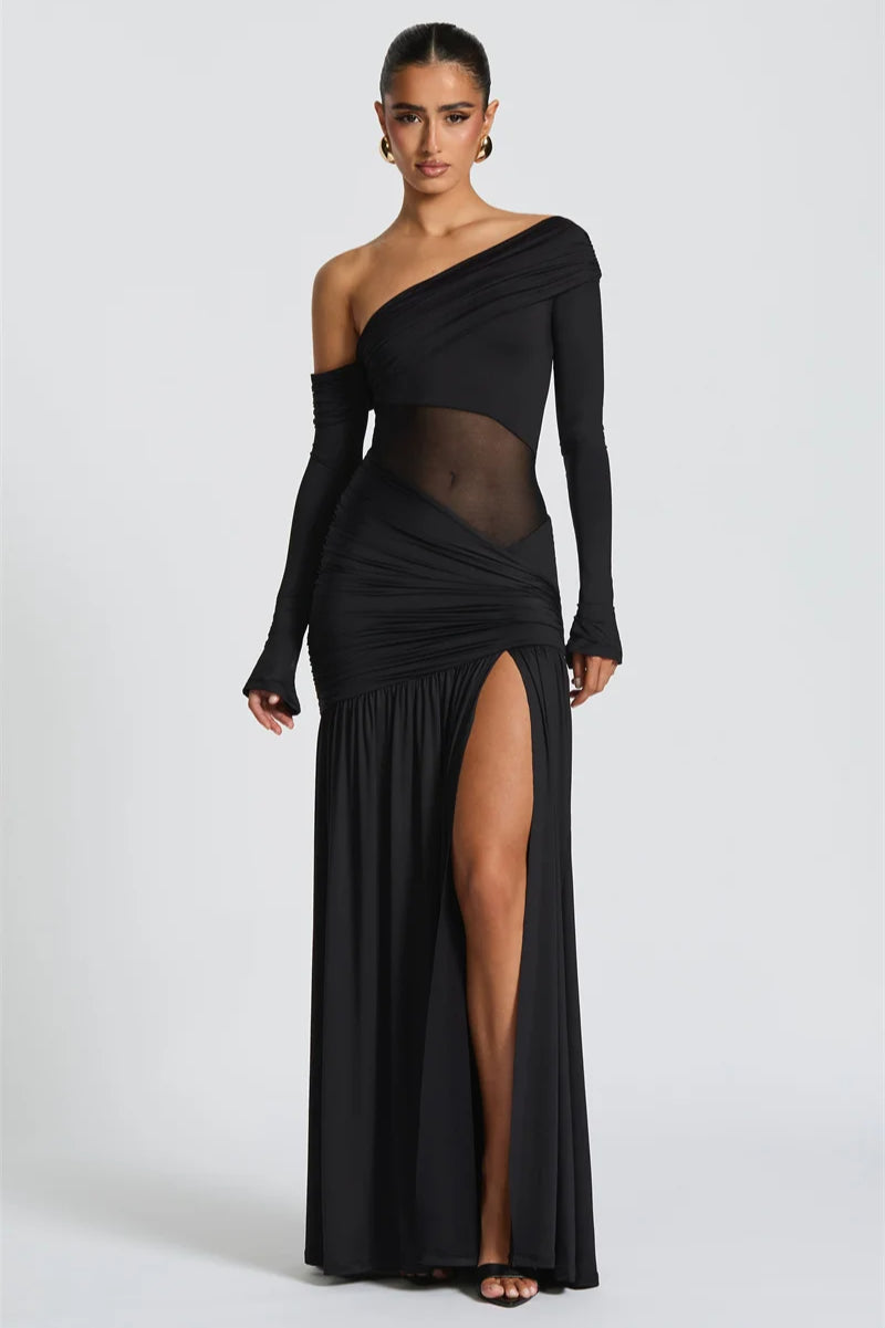 Off-Shoulder Long Sleeve Backless Thigh Split Maxi Dress