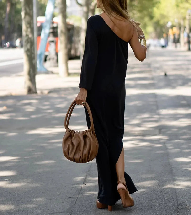Mallory Minimalist Elegantly Flowy One Shoulder Dress Premium Wardrobe Essential