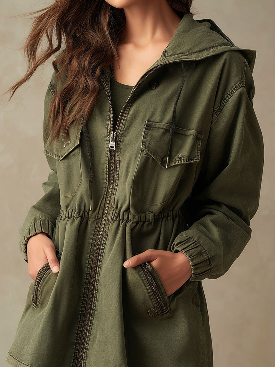 Casual Olive Green Utility Cargo Jacket With Drawstring Waist