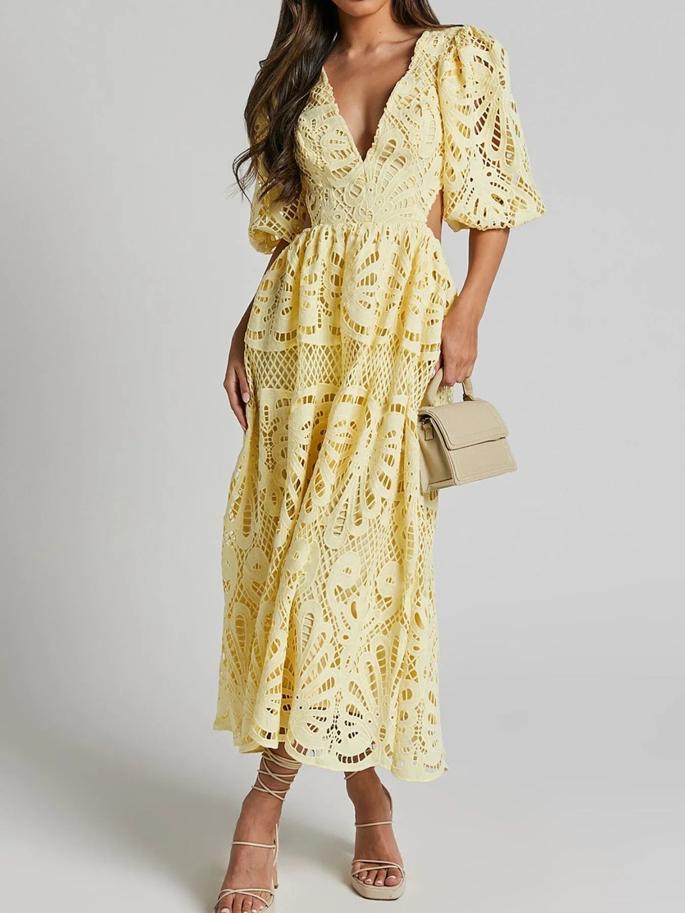 Lace Deep V-Neck Puff Sleeve Cut Out Waist A-Line Midi Dress