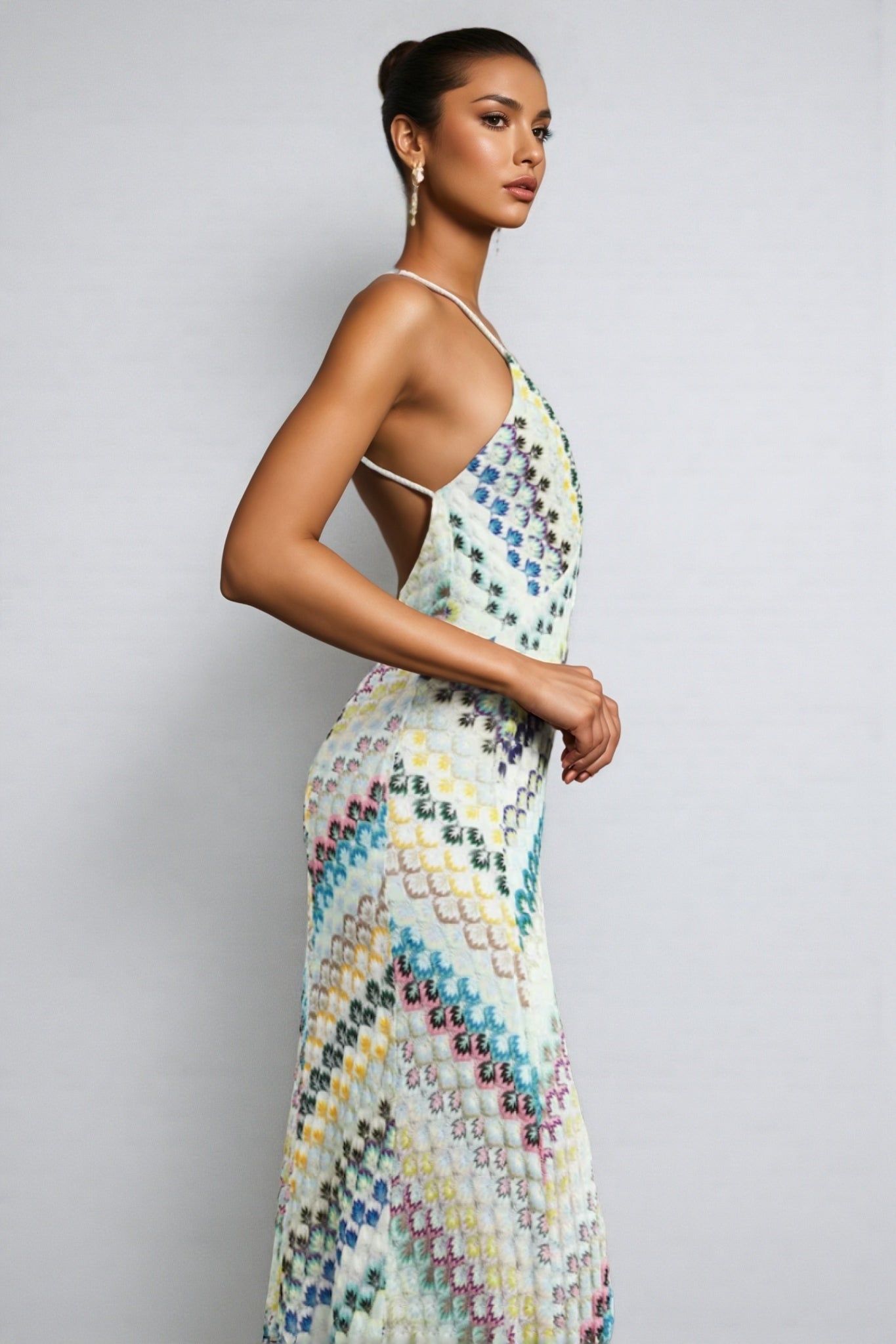 Geometric Chevron Print Halter Deep V-Neck Sleeveless Maxi Dress