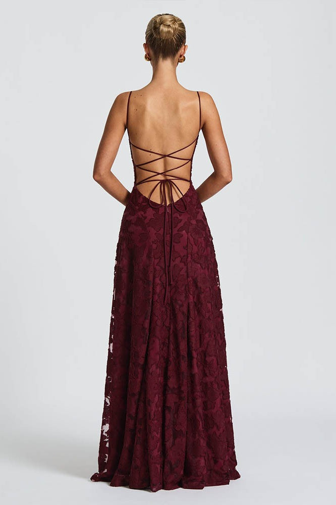 Floral Lace Spaghetti Strap Lace Up Open Back A-Line Maxi Dress