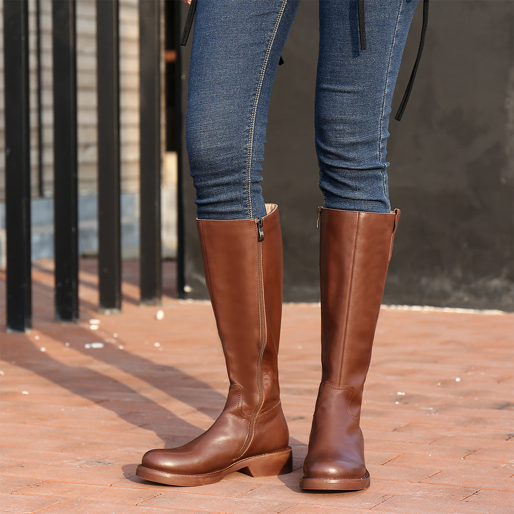 Handmade Soft��Leather Knee High Boots Side Zip Riding Boots Short Plush Lining in Black/Brown