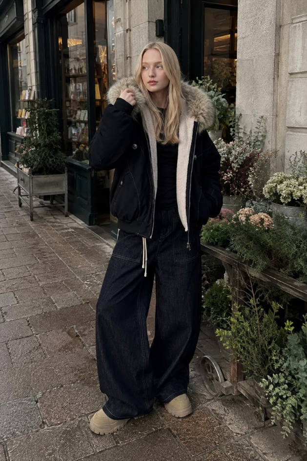 Black Short Puffer Fur Collar Jacket