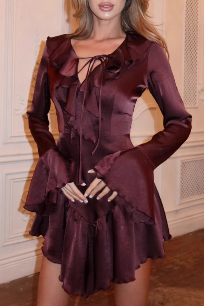 V Neck Ruffled Tie Midi Dress
