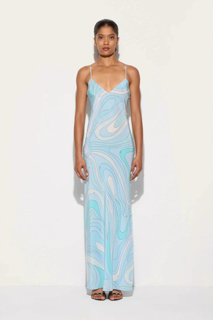 Spaghetti Strap Deep V-Neck Abstract Print Satin Slip Maxi Dress