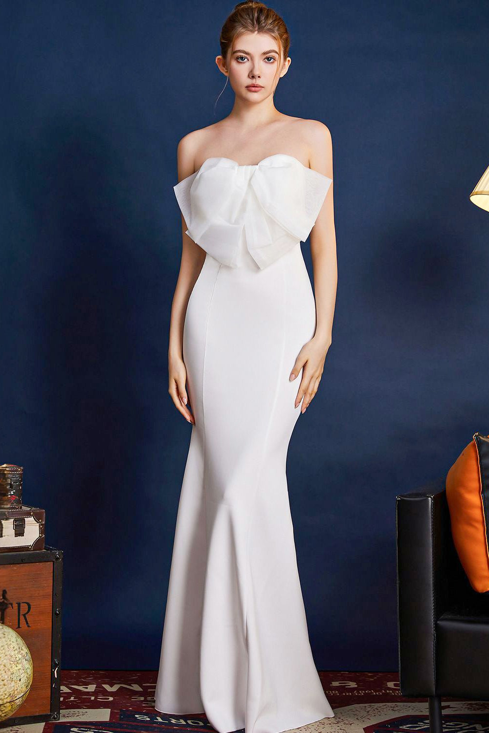 Strapless Organza Bow Bustier Mermaid Gown