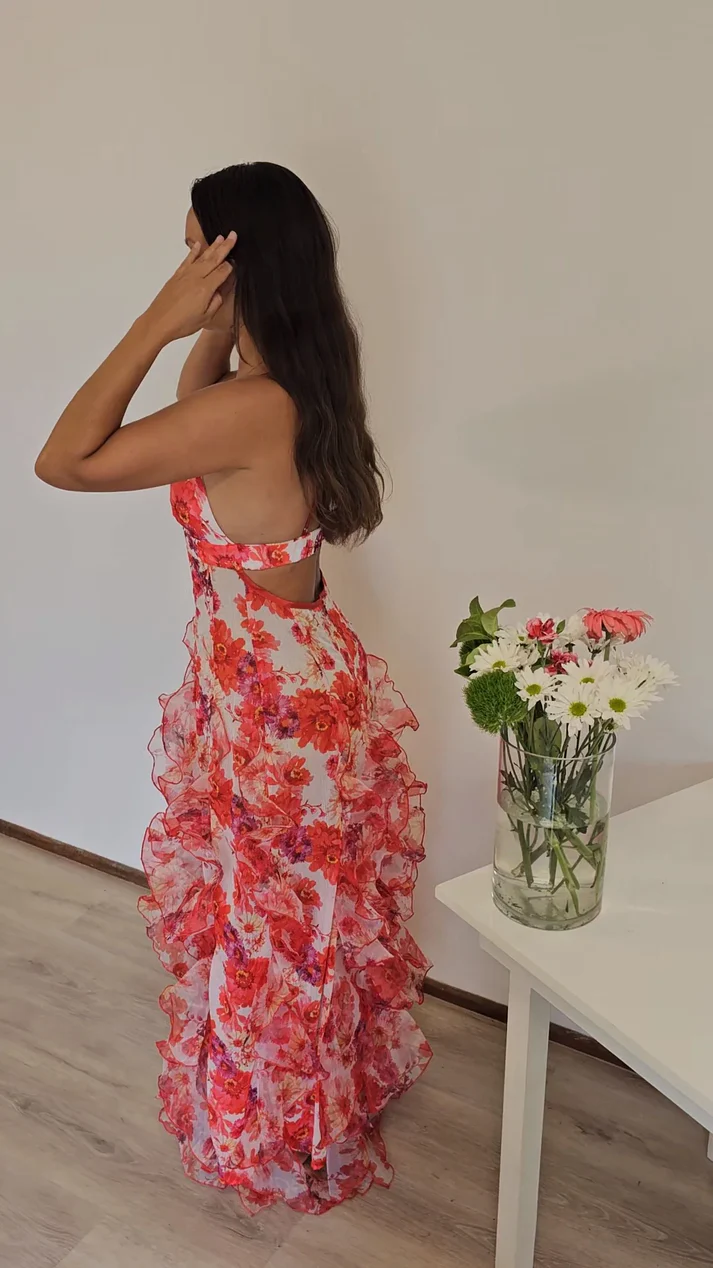 Sexy Red Floral Printed Backless Ruffle Long Party Dress Prom Evening Dress cc1612