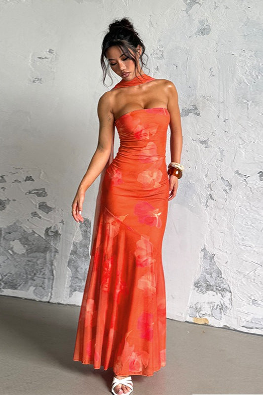 Sexy Strapless Mesh Tie Detail Maxi Floral Dress 5