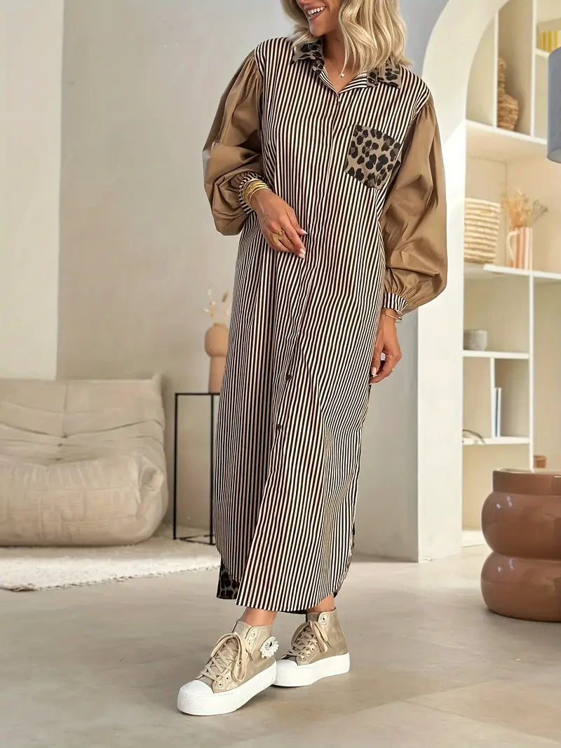 Leopard Print Collar Pocket Bishop Sleeve Pinstripe Midi Shirt Dress
