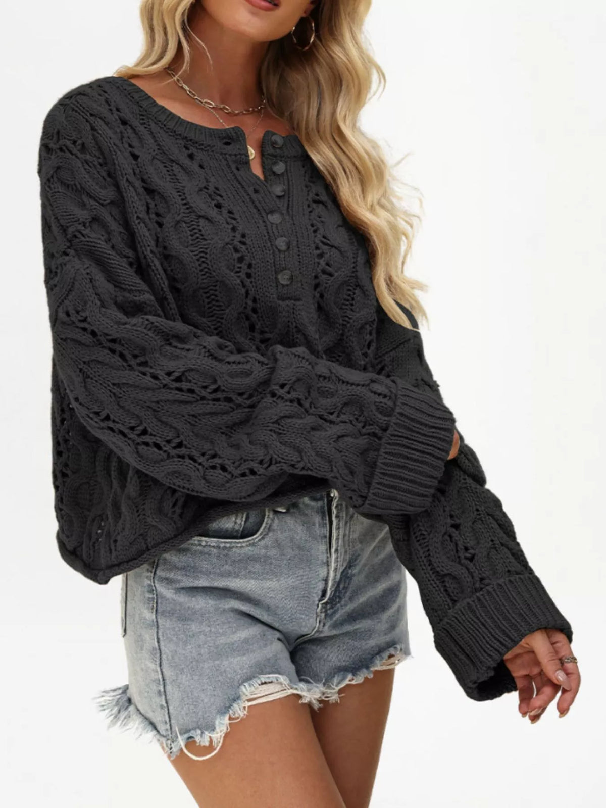 Round Neck Half Button Openwork Cable Knit Oversized Sweater 6
