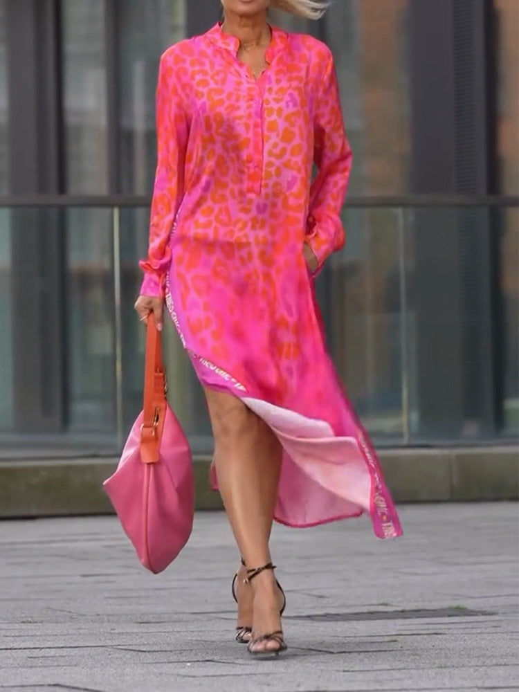 Leopard Print Long Sleeve Button Front High Low Maxi Dress 4
