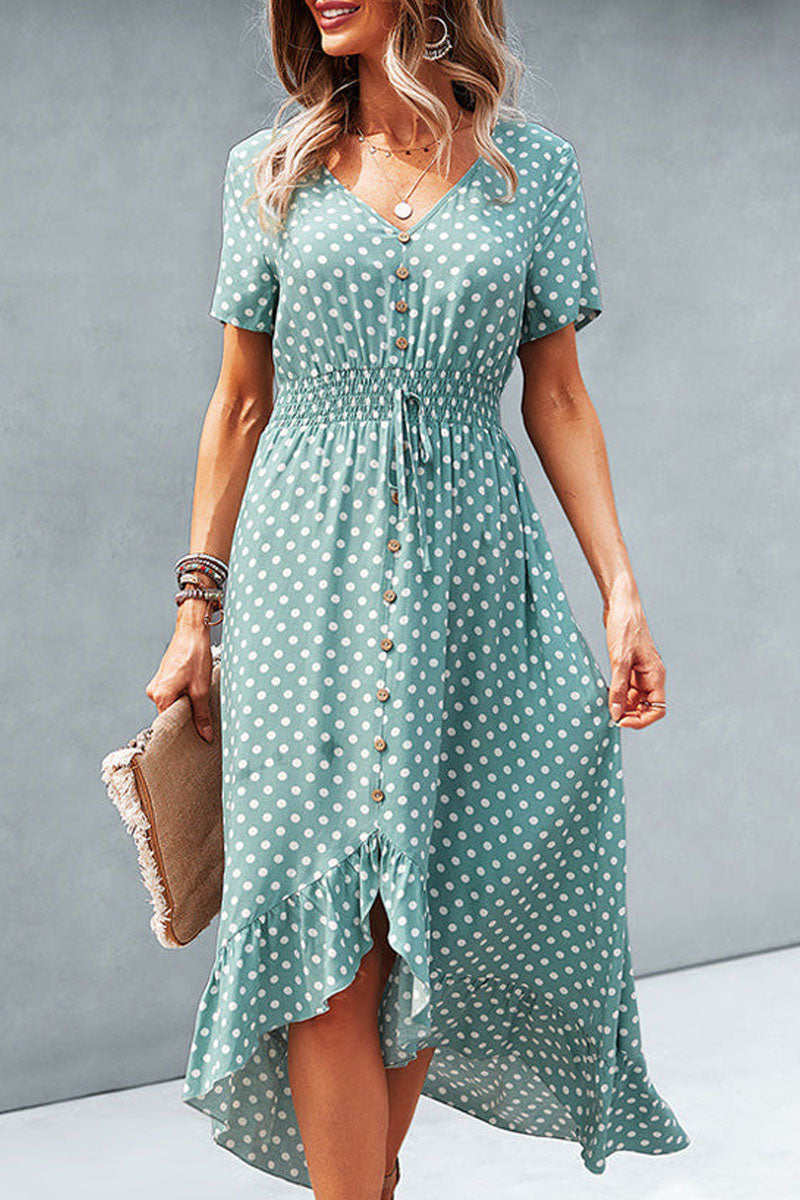 Dots Print High Waist V Neck Casual Dress