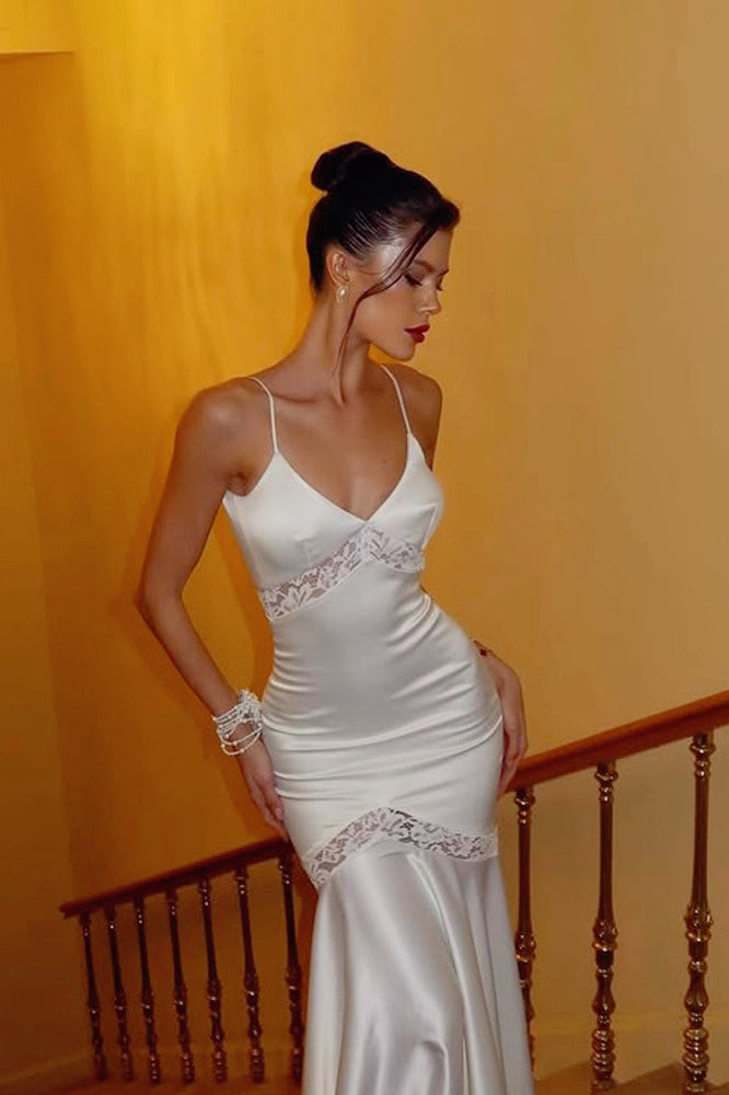 Solid Color V-Neck Lace Insert Silk Dress