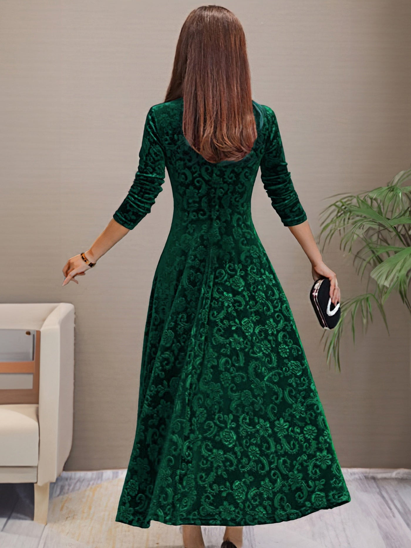 Floral Velvet V-Neck Long Sleeve Fit and Flare Midi Dress 15