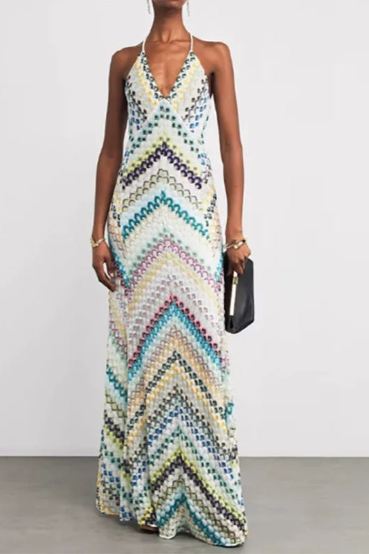 Contrast Color V-neck Sleeveless Slim Maxi Dress