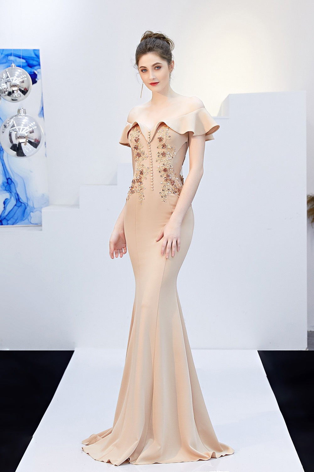 Off Shoulder Ruffle Beaded Mermaid Formal Gown
