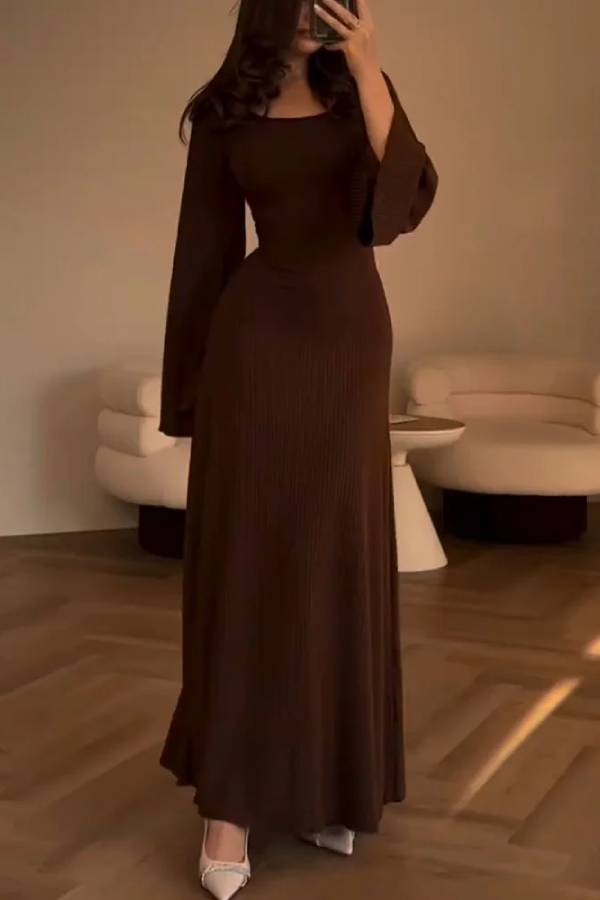 Rib Knit Square Neck Bell Sleeve Bodycon Maxi Dress