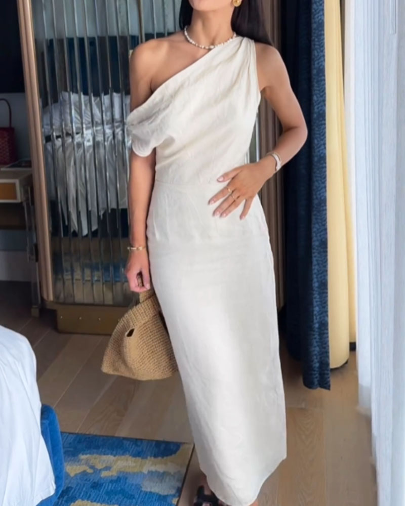 One Shoulder Draped Column Maxi Summer Dress