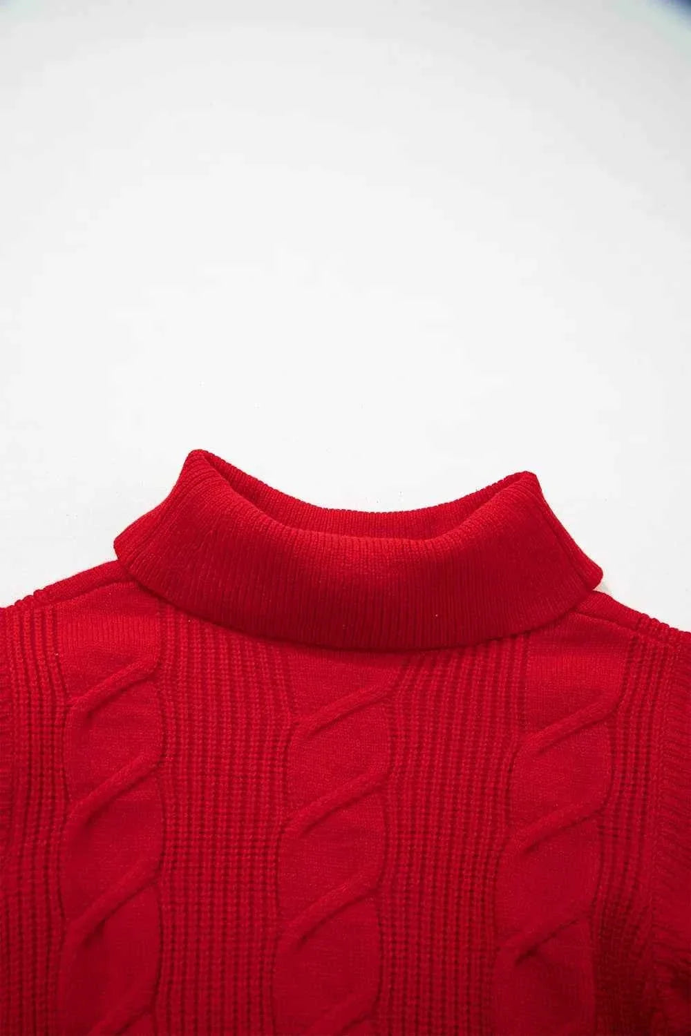 Cable Knit Turtleneck Ruffled Short Sleeve Sweater